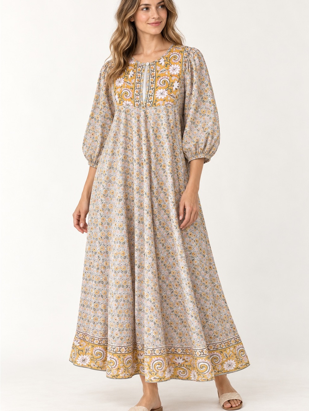 MAREA by Liz Joy House Dress Size 2 Cotton Floral Block Print Boho Maxi
